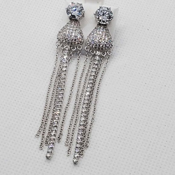 Silver 925 CZ Teardrop Chain Dangling Earrings - Picture 5 of 9